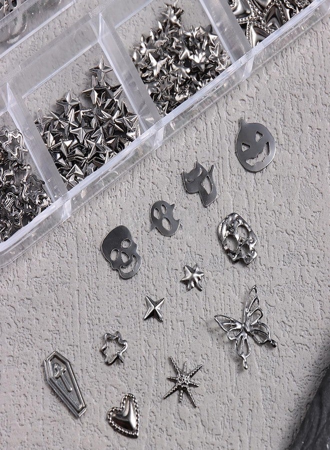 SILPECWEE 2 Boxes Halloween Nail Charms, 3d Punk Nail Charms and Rhinestones Gems, Skull Pumpkin Star Chains Nails Design Metal Cone Spike Rivet Stud Manicure Jewelry for DIY Decoration - Image 4